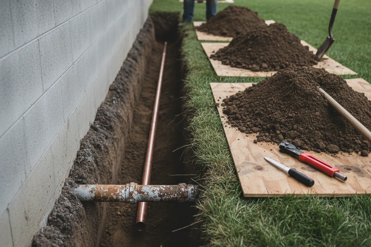 Excavated water line trench during Sewer Line Repair in Rumsey
